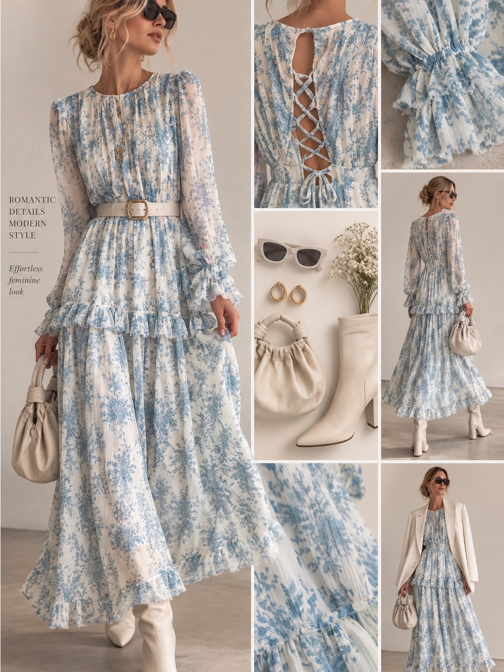 ASOS DESIGN Blue Floral Toile Ruffle Maxi Dress Lace-Up Open Back US 8